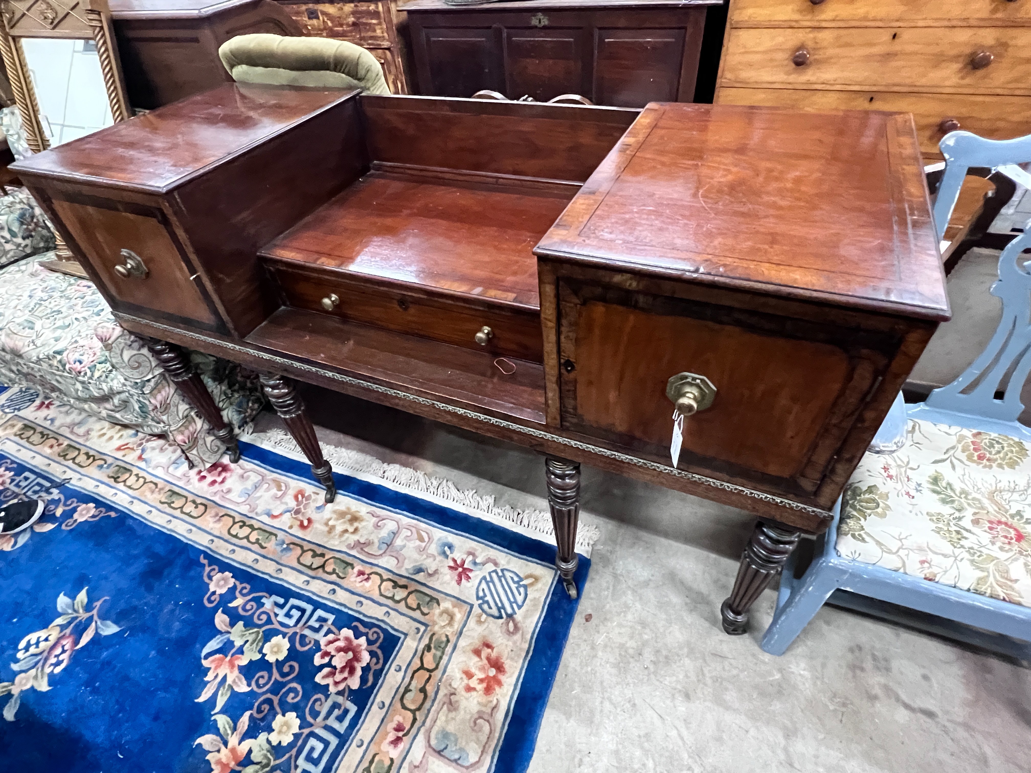 An early 19th century rosewood banded mahogany desk converted from a square piano, length 165cm, depth 62cm, height 99cm